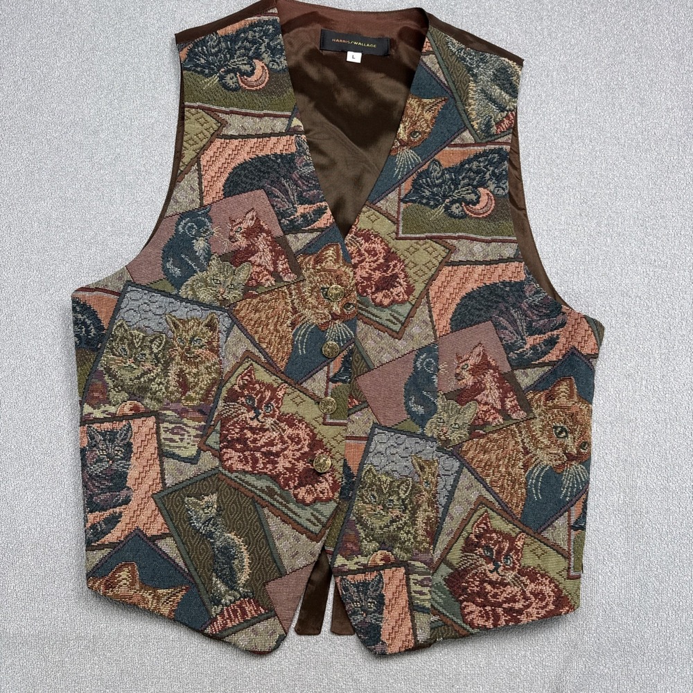 Vintage Harris Wallace‎ Cat Tapestry Vest Women's Large Cottagecore Kitten
